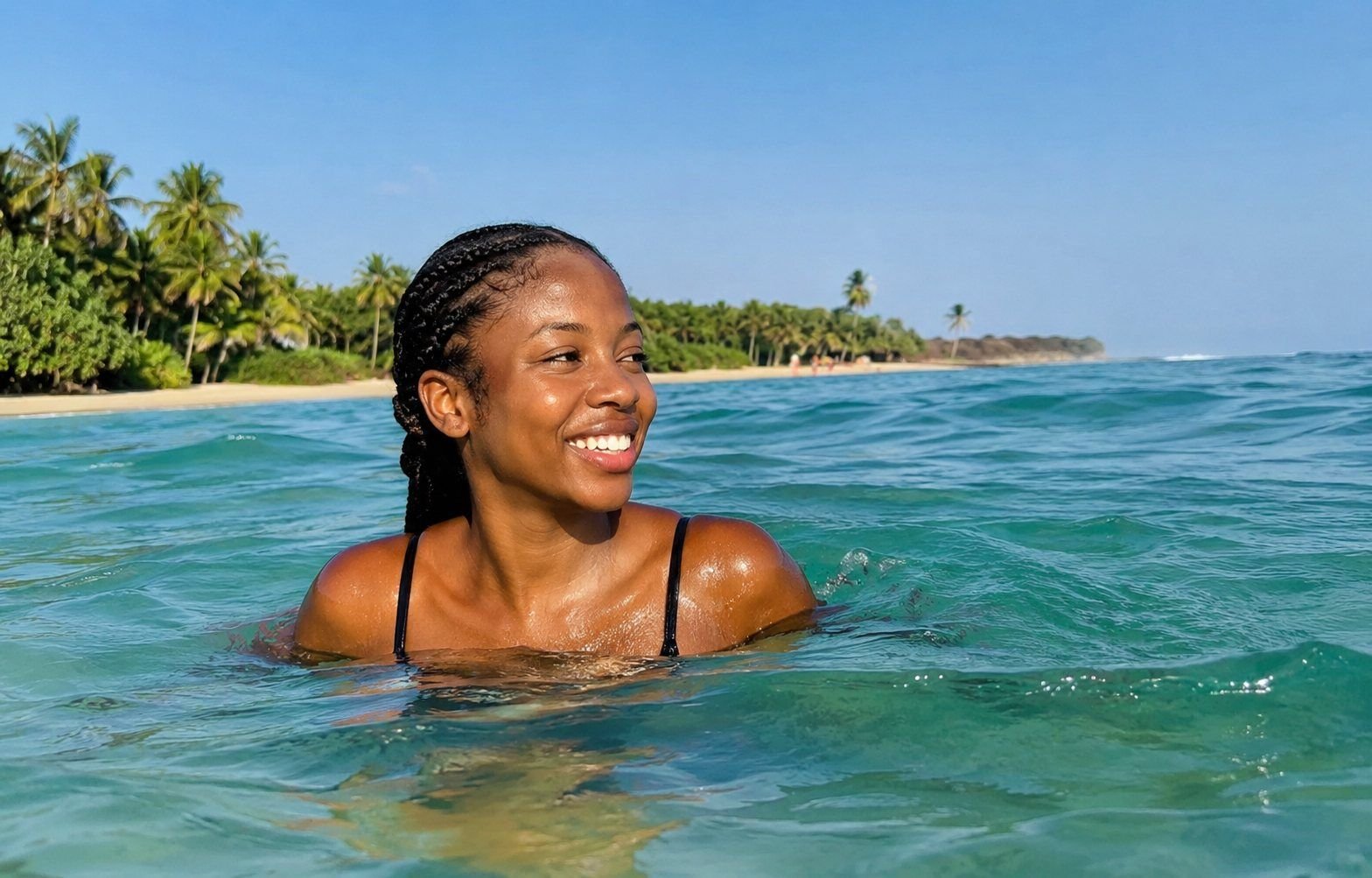 Lächelnde junge Frau beim Baden im türkisen Meer, Palmen am Strand im Hintergrund