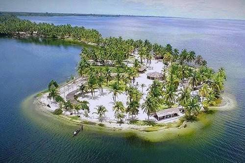 Luftbild einer kleinen Insel mit weißem Sand und dichten Kokospalmen in der Lagune