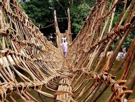Hängebrücke aus geflochtenen Lianen über einen Fluss im Wald